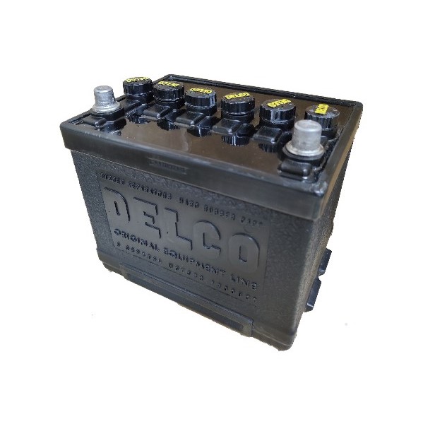 Delco Group 22D Battery Front with Black Caps and Yellow Letters