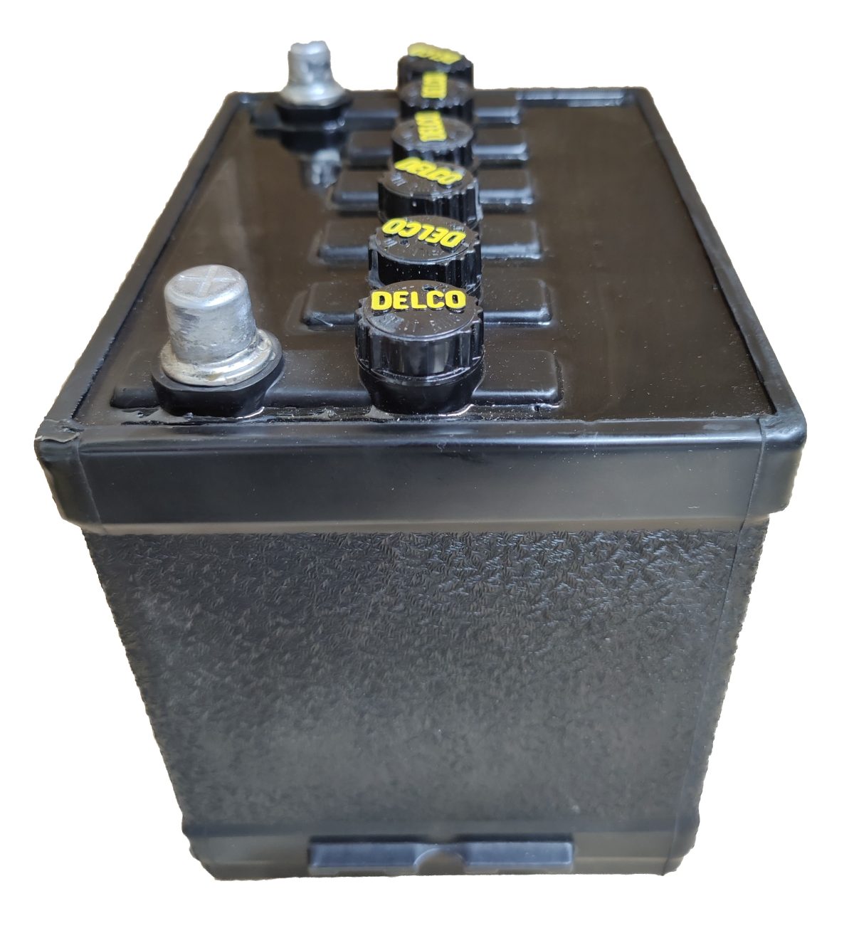 Delco Group 22D Battery Side with Black Caps and Yellow Letters